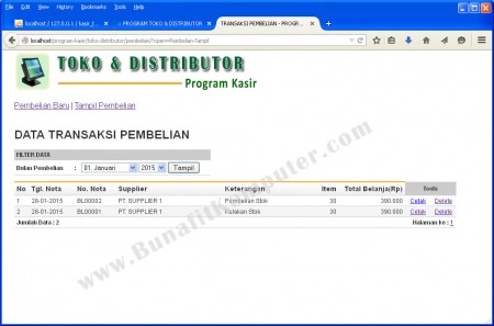 Menampilkan Data Transaksi Pembelian, dilengkapi fasilitas Filter Data per Bulan, dan fasilitas Hapus/Batalkan Transaksi