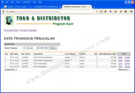 Menampilkan Data Transaksi Penjualan, dilengkapi fasilitas Filter Data per Bulan, fasilitas Batal/Hapus Transaksi